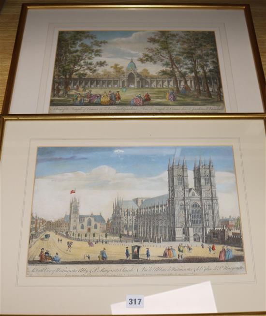 Two 18th century coloured engravings, Views of Westminster Abbey and Vauxhall Gardens, 26 x 38cm
